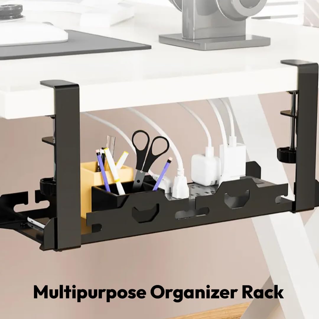 Katana Plateau de gestion des câbles extensible et réglable sous le bureau | Taille extensible de 40 cm à 70 cm | Pas de perçage, durable, propre, solution de gestion des câbles flexible avec pinces.