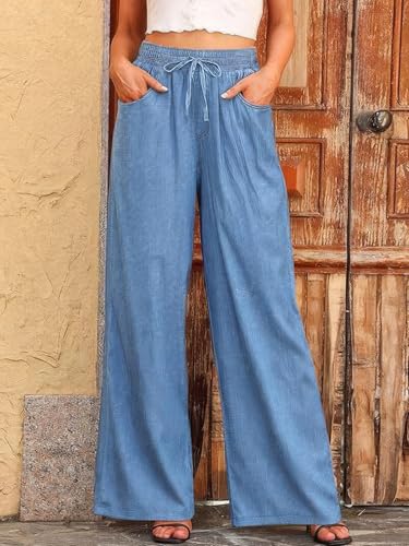 ebossy Womens Trendy Drawstring Straight Leg Jeans Elastic High Waisted Pull On Jeans Wide Leg Denim Pants2