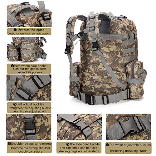 WintMing Military Tactical Backpack 45+10L Army 3 Day Assault Pack Molle Camping Hiking Rucksack Traveling Daypack (B08-ACU-Camo) - Thumbnail 6