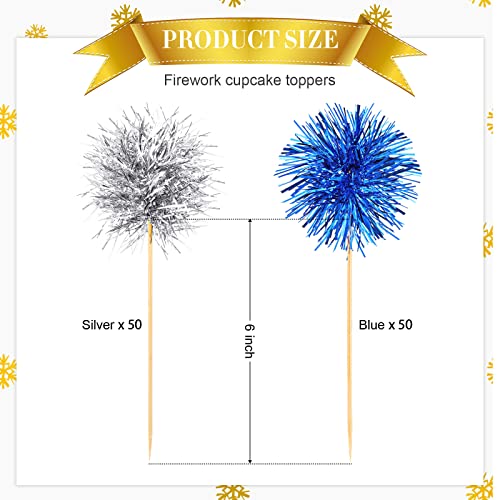 100 Pcs Firework Cupcake Topper Graduation Cupcake Toppers Foil Frill Toothpicks Tinsel Toothpicks Holiday Graduation Independence Day New Year Party Celebrations Decorations (Silver, Blue) #TOP1