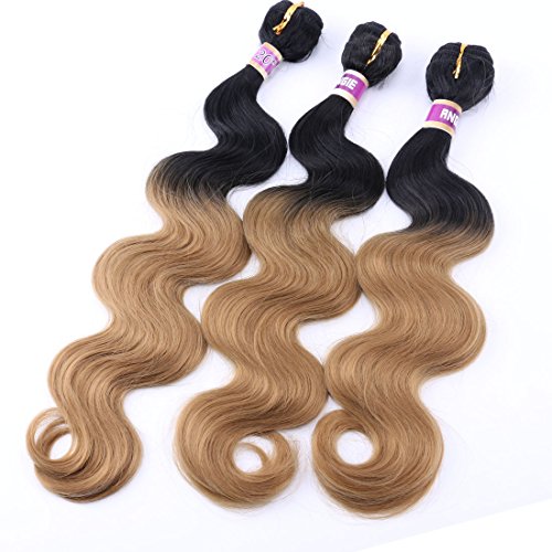 3 Bundles Body Wave Ombre Synthetic Hair Weave Extensions 16 18 20 Inches Black to Blonde Ombre Heat Resistant Synthetic Hair T1/27#