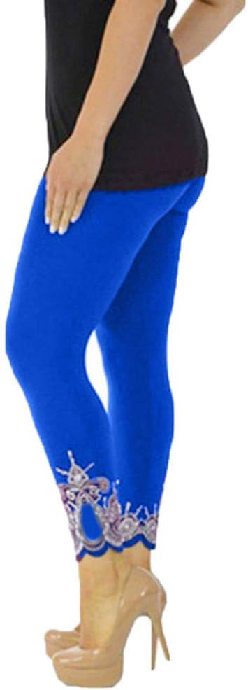 Womens Leggings Solid Basic Lace Cuff High Waist Stretch Long Yoga Pants