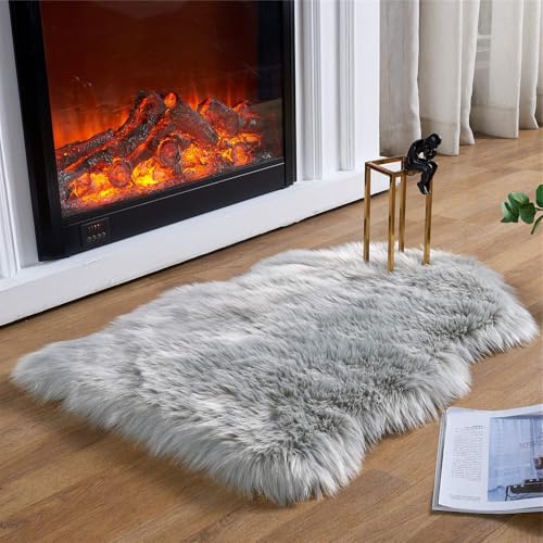 Ruedong Faux Fur Fell Teppich Schaffell Grau 40x60 cm, Longhair Flauschiger...