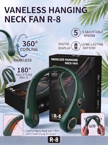 Image of Portable Neck Fan with Digital Display | 5-Speed Adjustable | 180 Cooling Bladeless Wearable Fan | Hair-Safe Hanging Design | Rechargeable Fan for Home Office Travel & Outdoor (Dark Forest Green)