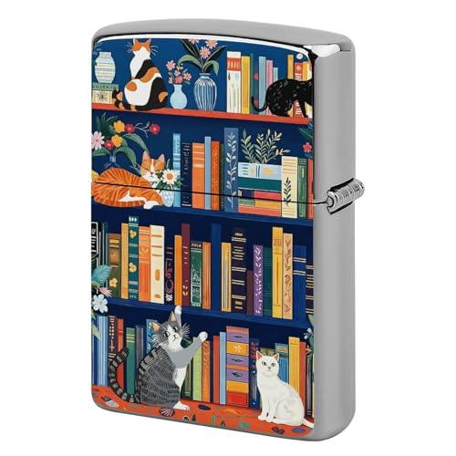Cat Bookshelf Theme Metal Lighter Cover Case Pouch Holder