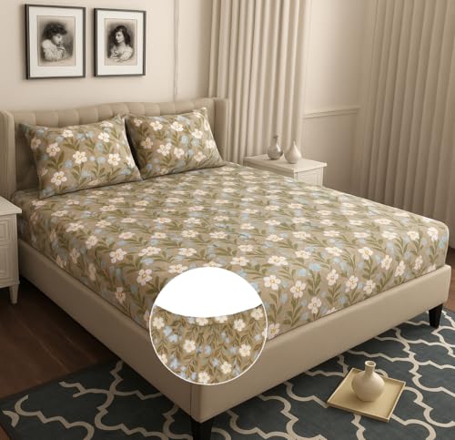Image of HOMEKART 120 TC Cotton Rich Elastic Corner Fitted Bedsheet with 2 Pillow Covers | Double Bed 72x68+6 Inches | Wrinkle-Free, Super Soft & Breathable Floral Design | Coffee