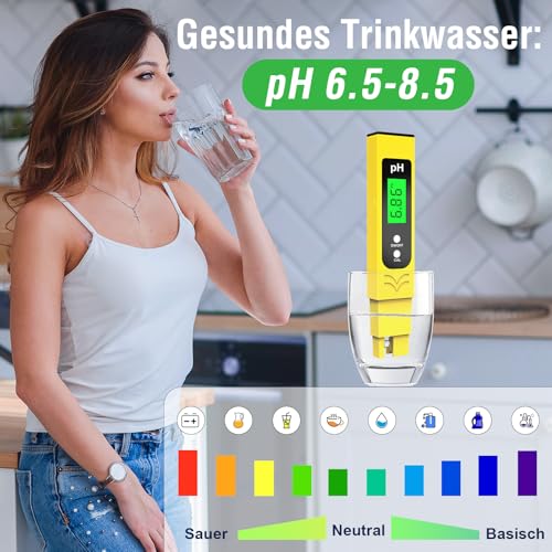 Shiptree PH Messgerät Hochpräzision (± 0.01), Water Tester, pH Wert Messgerät Pool mit Blau Hinterleuchtetem LCD-Display & Automatischer Temperaturkompensation, für Trinkwasser/Poolwasseranalyse,Gelb