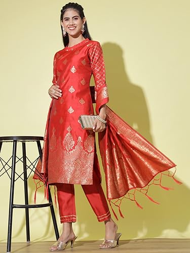 Image of VredeVogel Women's Cotton Silk Jacquard, Banarasi Silk Kurta Pant With Dupatta Set
