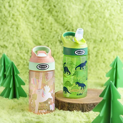 Image of Zak Designs 16oz Riverside Kids Water Bottle with Spout Cover and Built-in Carrying Loop, Made of Durable Plastic, Leak-Proof Water Bottle Design for Travel (Unicorn & Dino Camo, Pack of 2)