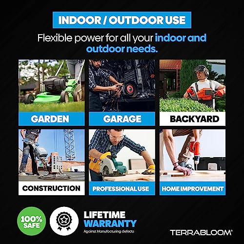 Terrabloom 14/3 Heavy Duty Extension Cord 100 Ft Outdoor - Black Outdoor Extension Cord Multiple Outlet - Ultra-Flexible Sjeow Rubber, Light Indicator, Triple Outlet For Maximum Efficiency - 15 Amp #TOP6