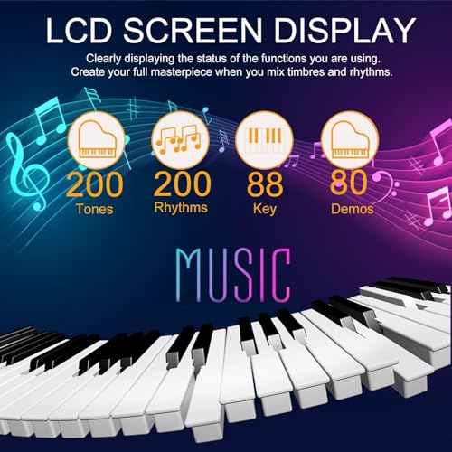 Digital Piano 88 Key with Semi-Weighted Keys, 88 Key Keyboard Piano for Beginner, with Power Adapter, Sustain Pedal, Bluetooth, MIDI, for at Home/Stage