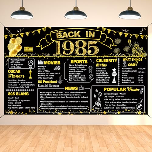 Image of DARUNAXY 41st Birthday Black Gold Party Decoration, Back in 1985 Banner 41 Year Old Birthday Party Poster Supplies Vintage 1985 Backdrop Photography Background for Men & Women 41st Class Reunion Decor