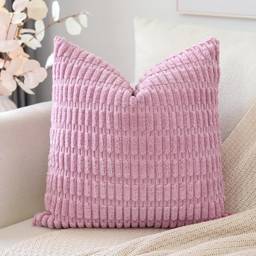 OTOSTAR Corduroy Decorative Throw Pillow Covers 18x18 Inch Super Soft Boho Striped Square Pillow Covers Case Modern Cushion Covers for Sofa Couch Bedroom Car Decor Light Purple