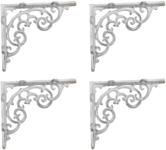 4 White Cast Iron Shelf Brackets Braces Corbels Distressed Farmhouse Look for Shelving 6 1/4" X 5 3/8"