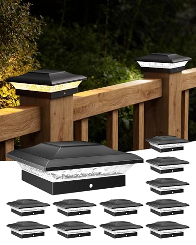 T-SUN 4x4 Fence Post Solar Lights Outdoor Waterproof - Auto Dusk to Dawn Solar Lighting for Deck, Vinyl/Wooden Posts | 12 Pack Weatherproof Warm & Cool White Patio Lights (Black)