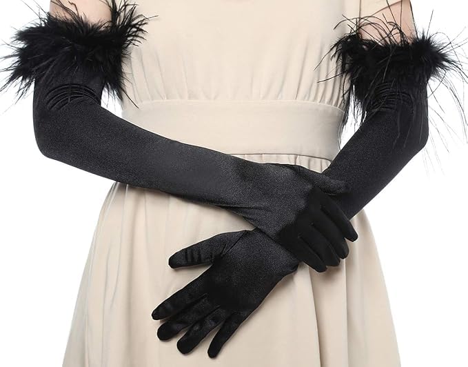 ALUNME Feather Gloves Satin Opera Evening Elbow 1920s Gloves Wedding Women Halloween Costume, black - Image 2