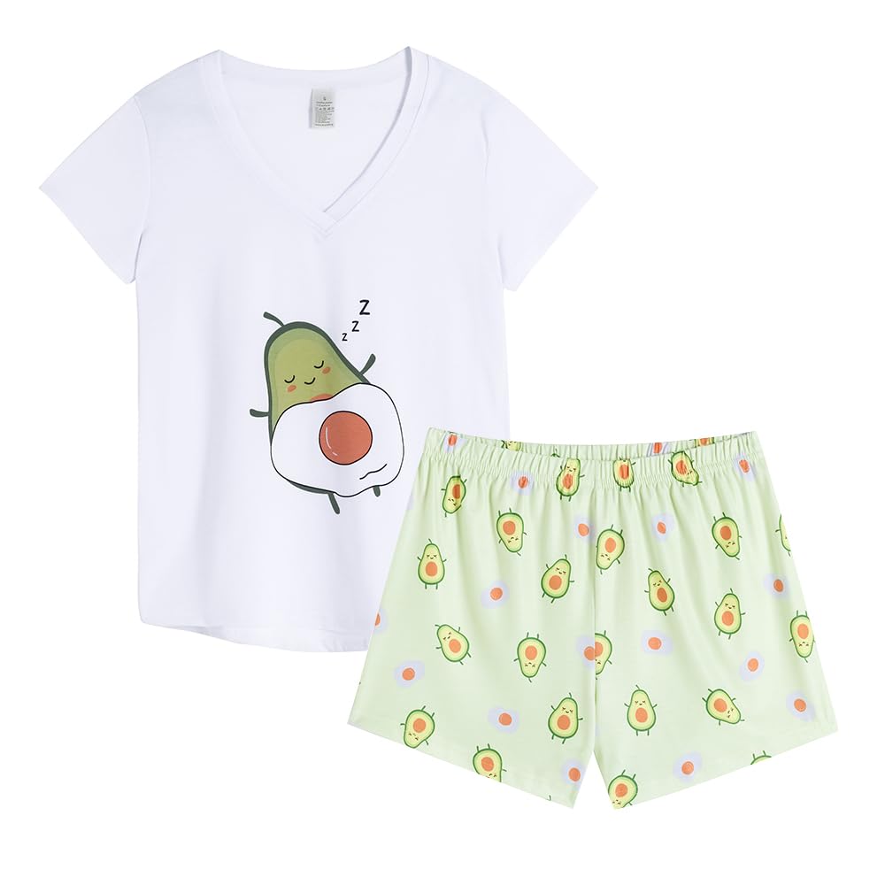 YIJIU Women Short Sleeve Tee and Shorts Pajama Set Cute Alpaca Print Sleepwear X-Large Avocado