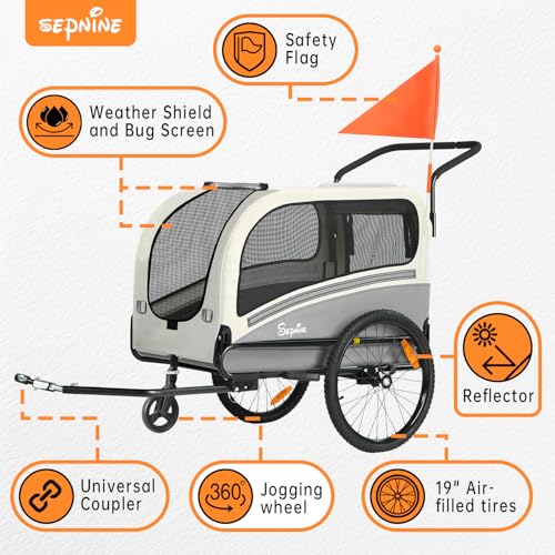 SEPNINE® 2-in-1 XXL Fahrradanhänger für Hunde, Hundeanhänger für Fahrrad - mit Dachöffnung, Reflektoren & Reflexstreifen, mit Schiebestange & Universal-Fahrradkupplung, Faltbar, Bis 50 kg