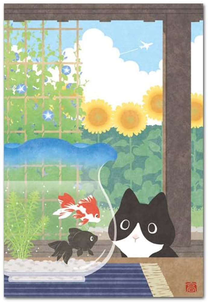 Amazon | 夏のイラストポストカード 「金魚と猫」 暑中見舞い