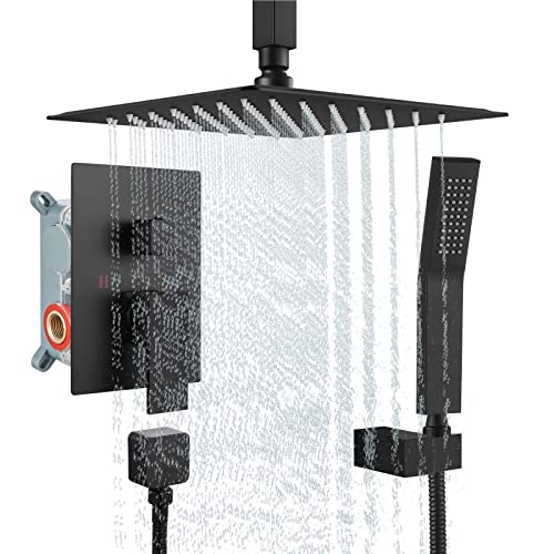 gotonovo Matte Black Rain Shower Shower System Ceiling Mount 12 Inch Shower Head with Handheld Spray Luxury High Pressure Shower Combo Set Rough-in Valve and Shower Trim Included Dual Function