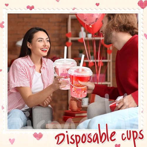 Funnymoom 50 Set Valentine's Day Clear Buckets for Drinks 34 oz Ice Cream Plastic Cups with Lids & Straws Disposable Cocktail Drink Buckets with Handles for Holiday Wedding Birthday Party Supplies by Funnymoom - Image 4