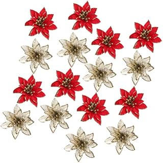 NUOBESTY 24pcs Artificial Christmas Flowers Decorations Xmas Tree Ornaments Poinsettia Flowers Picks Gold Glitter Artificial Christmas Flowers for Christmas Tree Wreaths Garland 8cm Gold Red