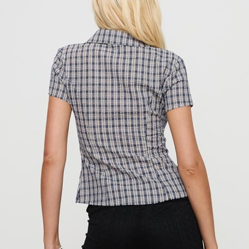 Image of Y2k Girls Vintage Coquette Button Down Shirt Women Short Sleeve V-Neck Slim Fitted T-Shirt Cute Blouse Crop Top