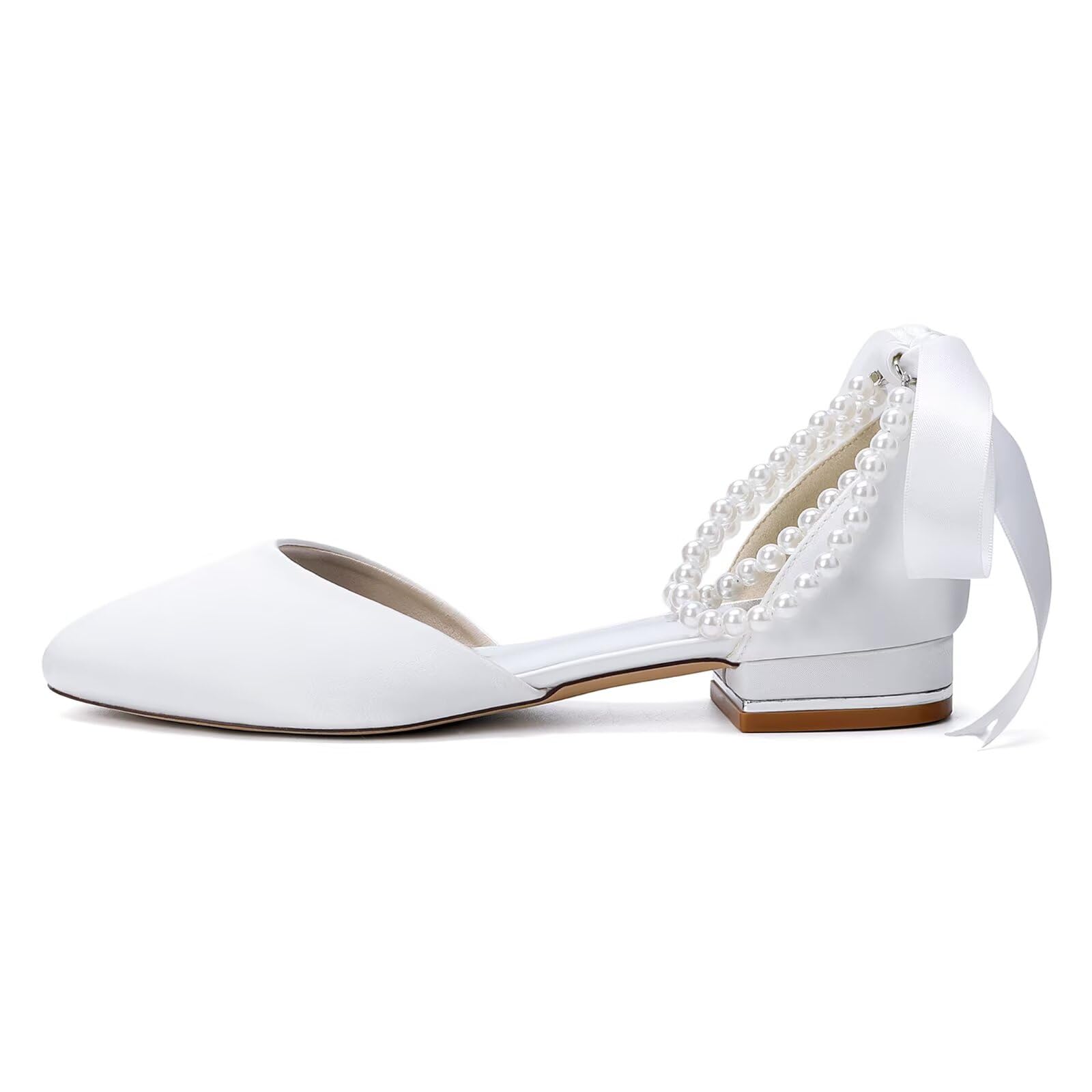 Scarpe da Matrimonio in Raso Donna Tacco Largo Basso Eleganti con Perle Punta a Tonda Scarpe da Ballo Festa Serata Cerimonia