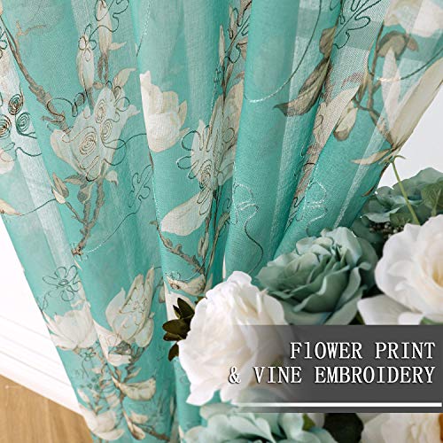 Tollpiz Floral Turquoise Sheer Tier Curtain Flower Print Vine Embroidery Kitchen Half Curtains Rod Pocket Café Voile Window Curtain For Bathroom, 30 X 36 Inches Long, Set Of 2 Panels #TOP2