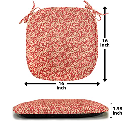 Ambesonne Chinese Chair Seating Cushion Set Of 6, Oriental Blossoms With Tangled Curly Leaves Antique Design Of Flowers, Seat Pads For Office With Anti-Slip Backing, 16"X16", Vermilion Beige #TOP6