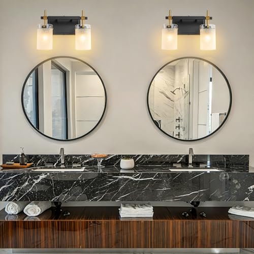 Image of 2-Light Modern Bathroom Vanity Light,Black and Gold Light Fixtures for Bathroom,Modern Wall Light Over Mirror with White Linen Frosted Glass E26 Socket (Bulbs Not Included)