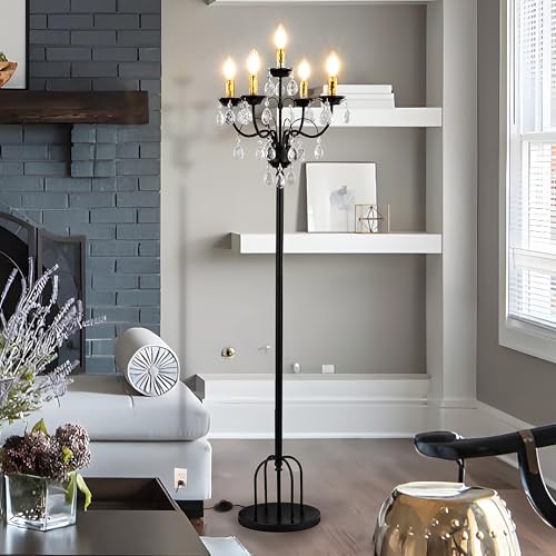 TOCHIC 5 Lights Crystal Floor Lamp, Black Gold Modern Standing Lamp with Foot Switch, 65' Tall...
