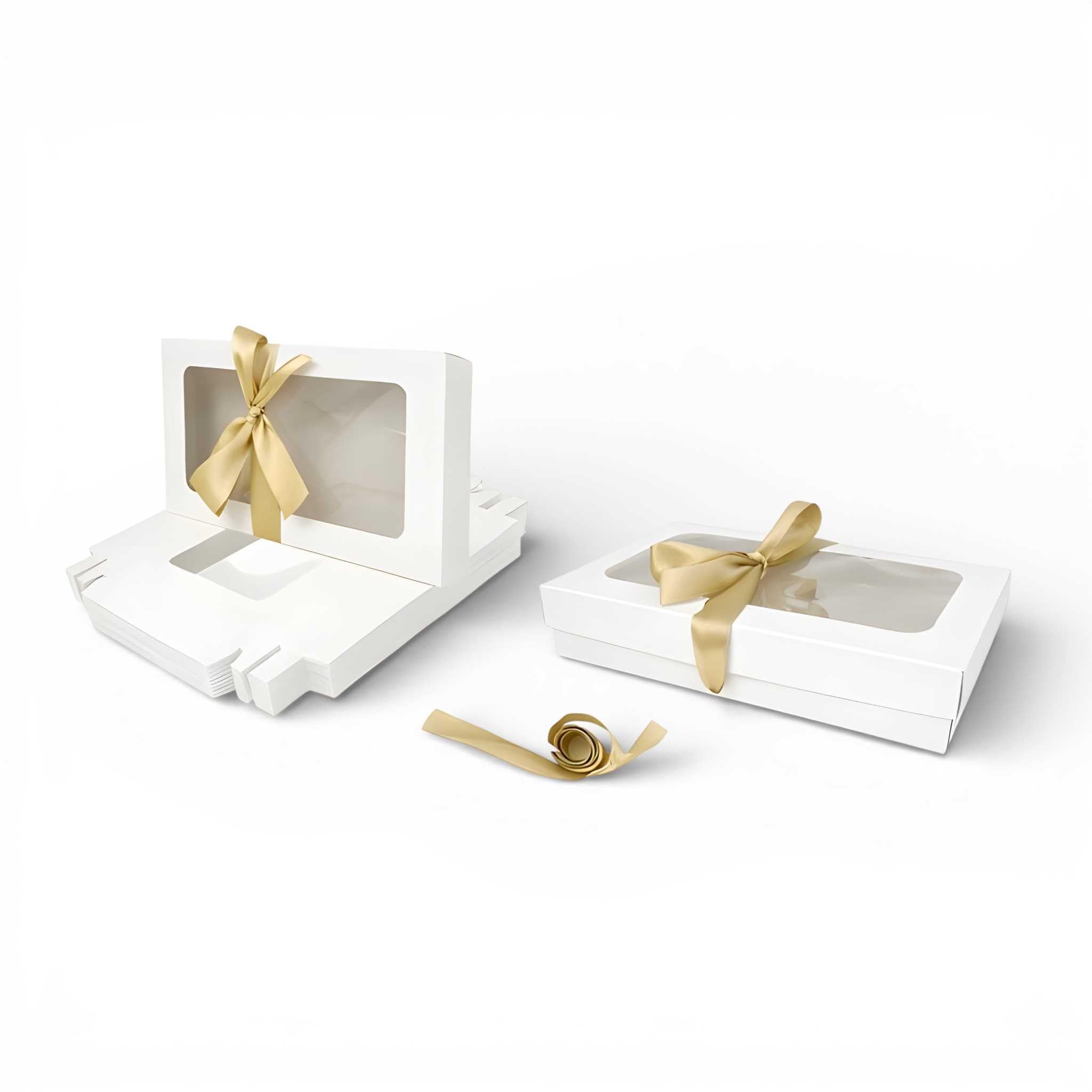 Emartbuy Pack of 96 White Gift Boxes with Clear Window Lid & Gold Satin Ribbon - Extra Large 35 x 25 x 6 cm - Recyclable Kraft Presentation Box for Hampers, Treats, Weddings & Favours