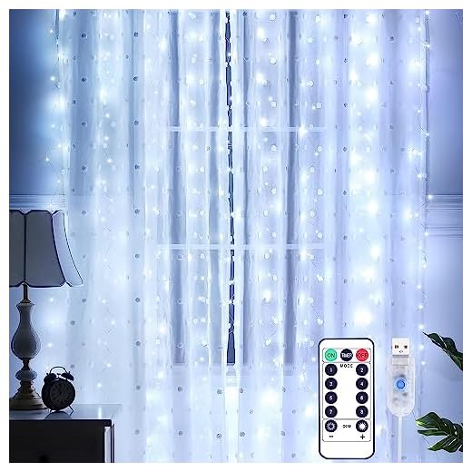 Yizhet Gardinlampor 3 m x 3 m gardin ljusslingor 300 LED gardin ljusslingor 8 lägen hängande ljusslinga fjärrkontroll vattentät ljusgardin för sovrum, jul, fest (cool vit)