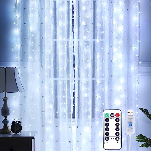 Rideau Lumineux, Yizhet 3 x 3m LED Guirlande Lumineuse Rideau 300LEDs, 8 Modes d'Eclairage,Télécommande Minuterie,Decoration de Noël, Fenêtre, Mariage, Jardin, Chambre (Etanche IP65, Blanc Froid)