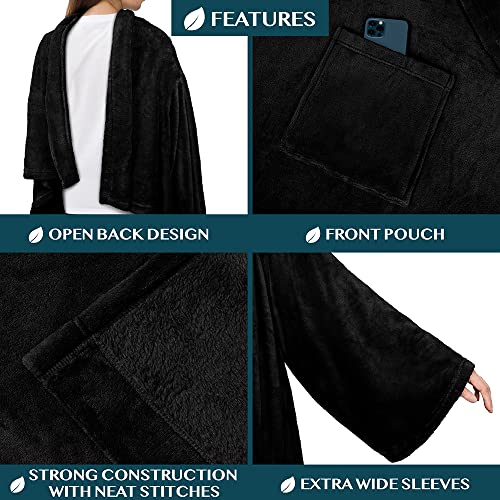 Pavilia Premium Fleece Blanket With Sleeves For Women Men Adult, Wearable Blanket Warm Cozy, Super Soft Sleeved Throw With Arm, Gift For Women Mom Wife (Black, Regular Pocket) #TOP2