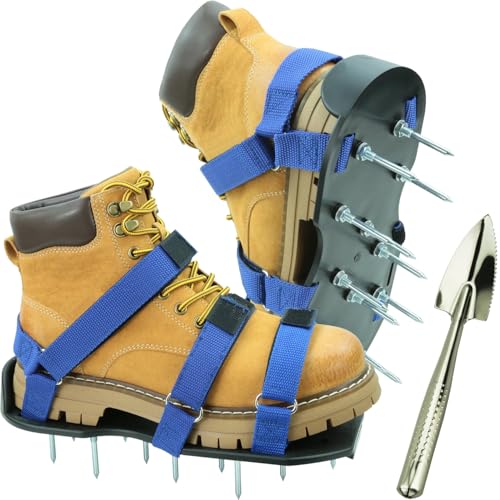 Rasenlüfter Schuhe, Nagelschuhe Vertikutierer Ausgleichsmasse mit Doppelter Strap-On-Rist Aerifizierer für Rasen mit Vormontiert Rasenbelüfter Handvertikutierer (Blau-mit Edelstahlschaufel)