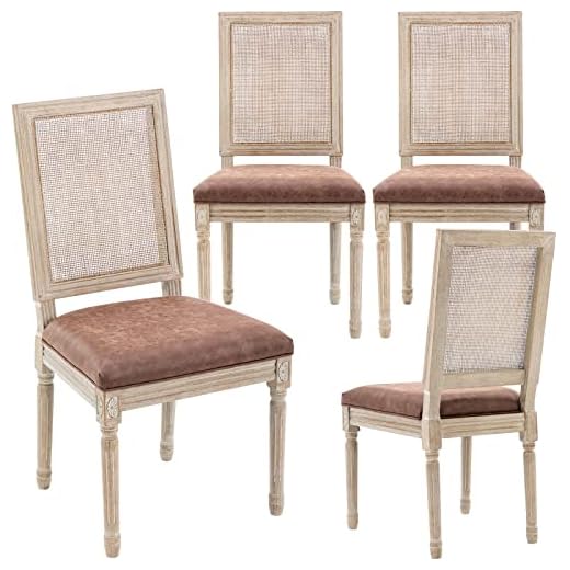 LZAREAL Farmhouse Leather Dining Chairs Set of 4 French Country Kitchen & Dining Room Chairs with Square Mesh Rattan Back, Armless Upholstered Cane Kitchen Chairs for Restaurant/Living Room, Brown