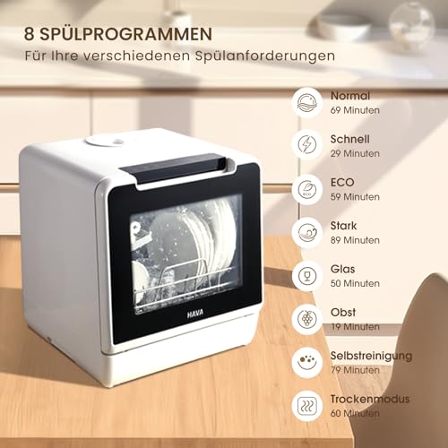 HAVA Tischgeschirrspüler, 8 Programme NEUES Modell, mini Spülmaschine mit Kindersicherung & Startverzögerung, 5L Wassertank für Wohnungen, Schlafsäle und Wohnmobile
