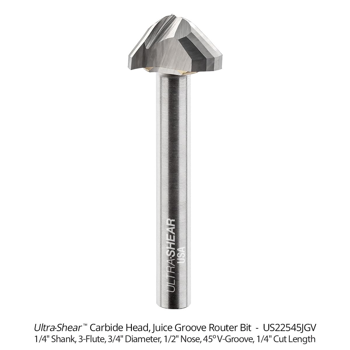 Brocas de enrutador de ranura de jugo, cala de 1/2 pulgada con ranura en V de 45°, cabeza de carburo, hechas en Estados Unidos, 3 flautas, brocas CNC para ranuras de tabla de cortar -