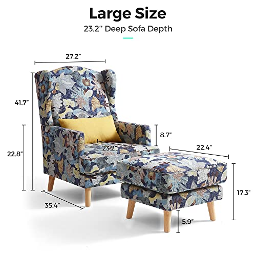 Linsy Florri Accent Chiar With Ottoman, Jacquard Fabric Armchair, Renaissance Vintage Retro Look, Handmade Exquisite Workmanship Reading Chair For Living Room, Bedroom, Floral Pattern #TOP1