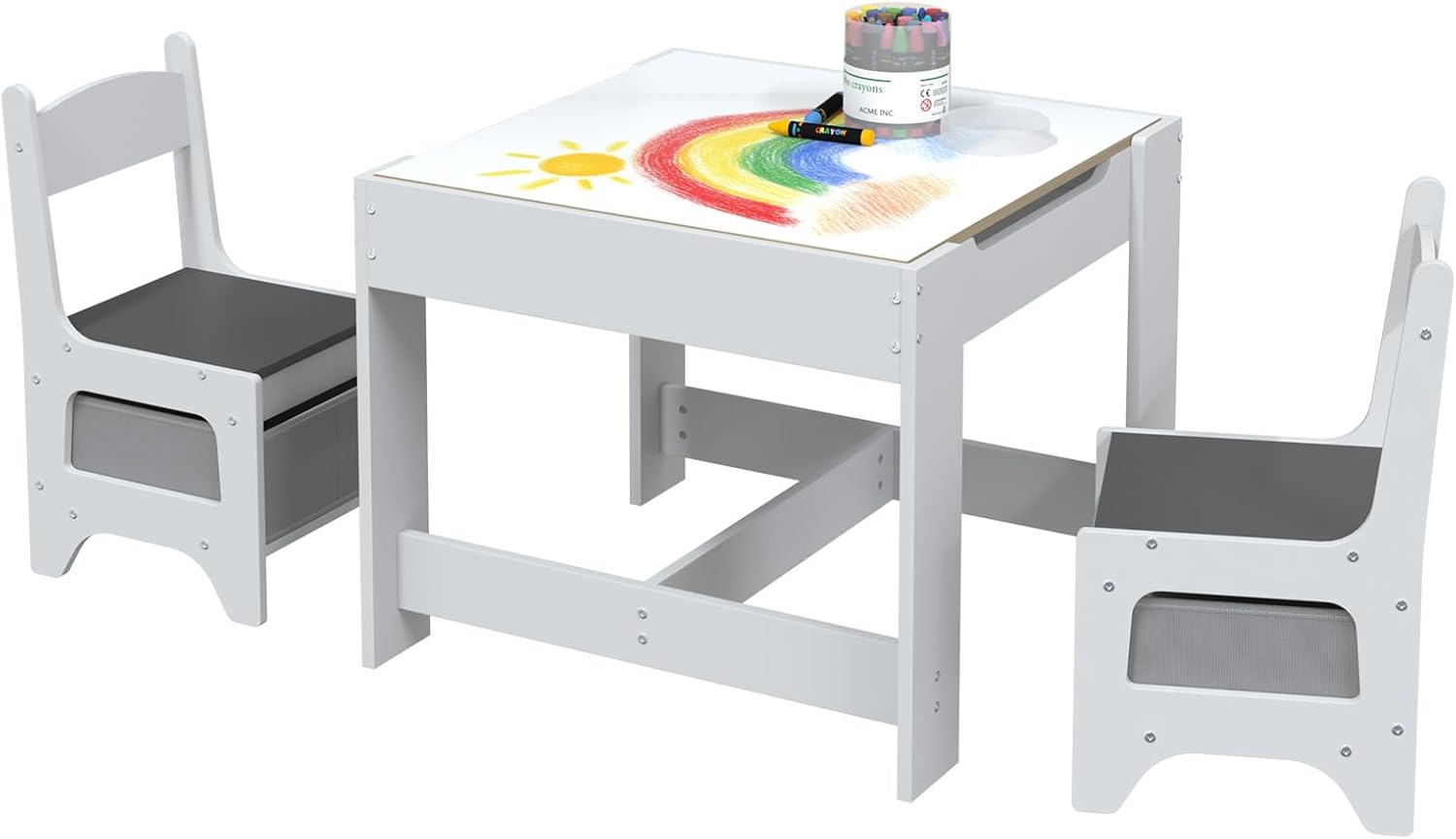 Toddler Table and Chair Set, 3 in 1 Wooden Kids Table and Chairs Activity Table with Detachable Graffiti Desktop & Storage Drawers for Ages 2-8
