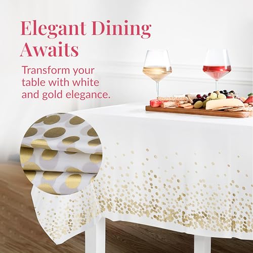 Image of Prestee White and Gold Tablecloths, 4pk, 54x108 Inches - Party Table Cloths Disposable - Gold Dot Disposable Tablecloths - Plastic Table Cloth - Engagement Party Decorations, Baptism Decorations