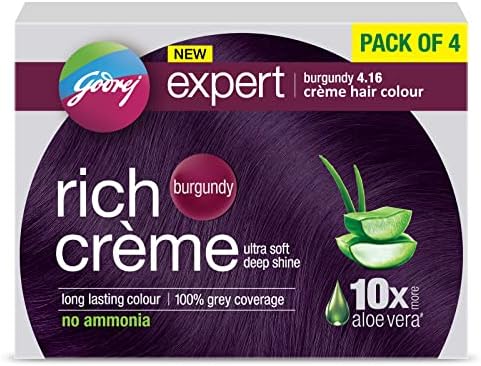 Godrej Expert Rich Creme Hair Colour Sachet - Pack of 4 Burgundy 4.16 (80g+80ml) | with Aloe Vera & Milk Protein | No Ammonia