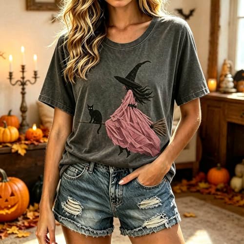 Halloween Witch Shirt for Womens Witch with Pink Dress & Black Cat Print - image 2