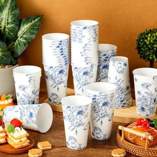 Layhit 50 Pcs 16 oz Blue and White Flower Disposable Cups Blue Ch...