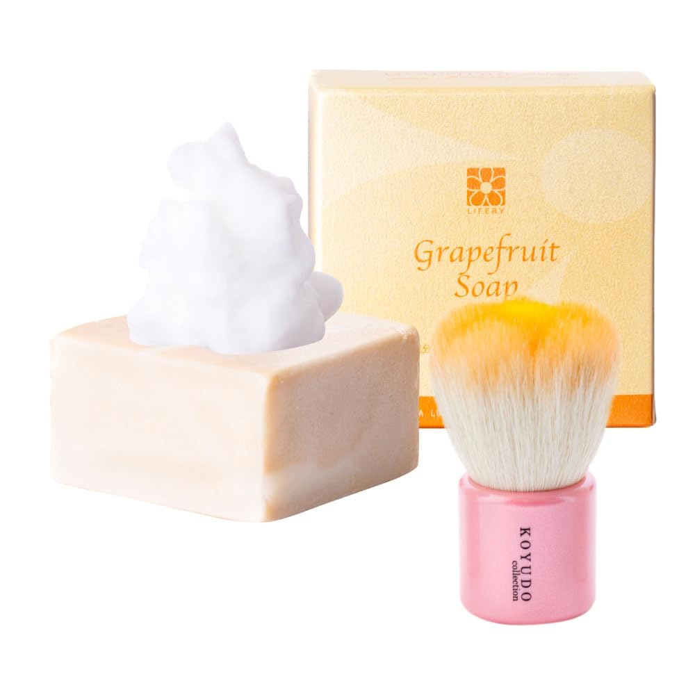KOYUDO Kumano Brush Face Wash Brush Soap Set, Made in Japan, Grapefruit Soap