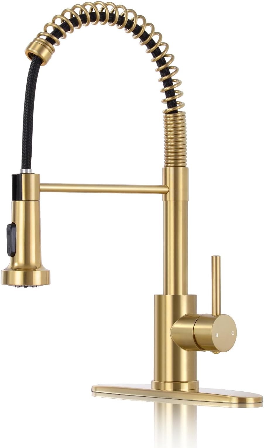 DJS Kitchen Faucets with Pull Down Sprayer Brushed Gold High Arc Single Handle 1 or 3 Holes Spring Kitchen Sink Faucet with Deck Plate for Farmhouse RV Vessel Basin