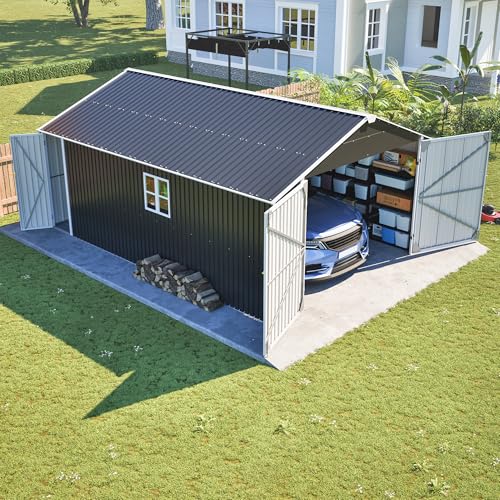 12x20 FT Heavy Duty Metal Garage Shed, Extra Large Outdoor Storage Building with Double Doors, Side Door & Window, Waterproof All-Weather Steel Carport for Vehicle & Equipment Storage