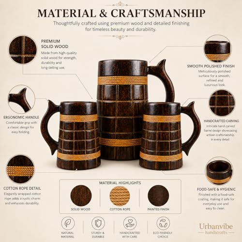 Image of Wooden Beer Bar Combo Set | Barrel Shaped Jumbo Mug | 2 Small Beer Mug 300ML (5 x 4 inches Each) & 1 Large Beer Jug 750ML | Barfi Design